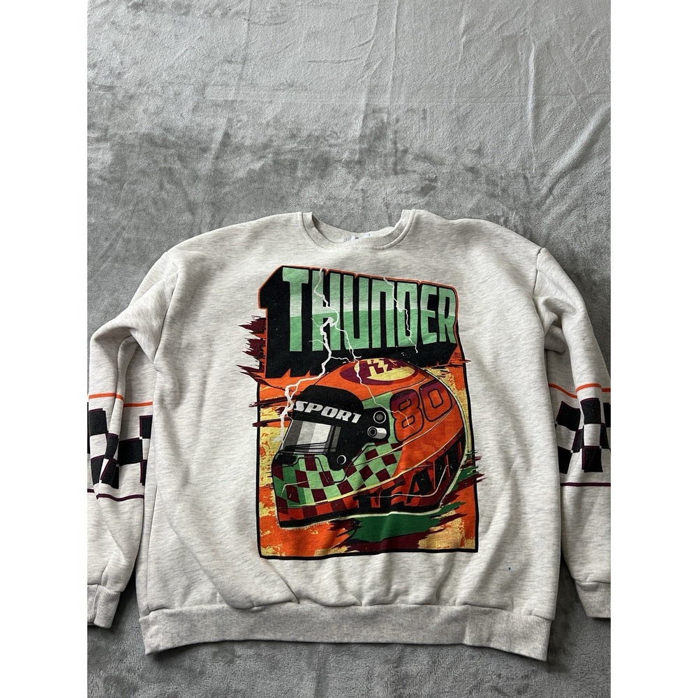 Adika Womens Sweatshirt XL Gray Oversized Graphic Thunder Racing Crewneck